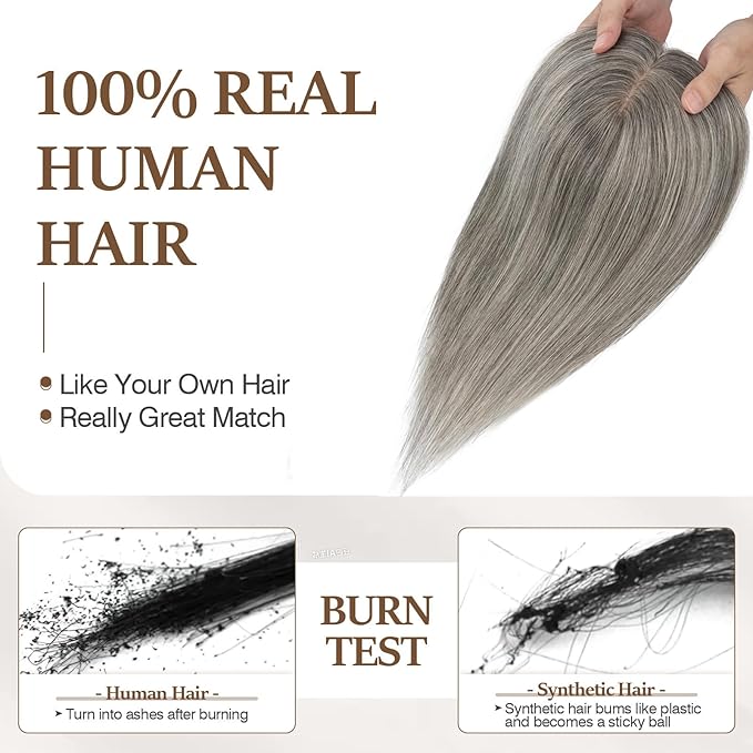 Rich Choices Hair Toppers for Women Real Human Hair 100% Human Remy Toppers NO Bangs for Women with Thinning on Top Clip in Hairpiece 4"x4.7"Lace Base 14 Inch Salt and Pepper G2 Sliver