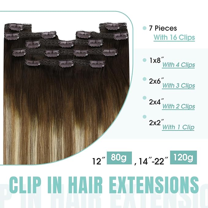 YoungSee Balayage Clip in Hair Extensions Brown Ombre Clip in Extensions Remy Hair Clip on Hair Extension for Women Chocolate Brown Roots to Medium Brown with Blonde 12inch 85g