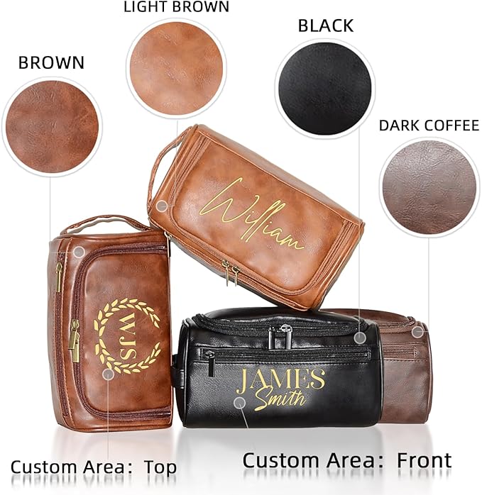 Personalized Toiletry Bag for Men, Engraved Name Initials Toiletry Bag, Customized Monogram Travel Shaving Dopp Kit for Groomsmen, Gift for Christmas, Birthday, Dad, Husband (Dark Brown)