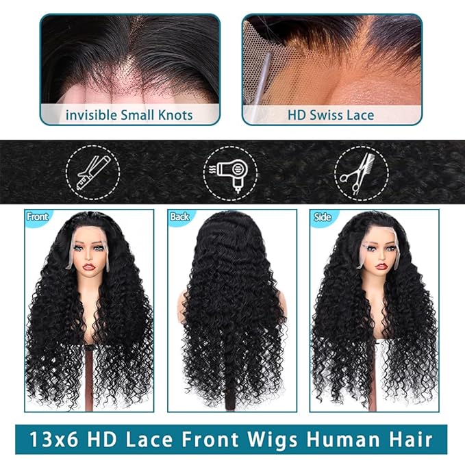 SOSATISFY 13x6 Deep Wave Lace Front Wigs Human Hair 200 Density Deep Wave Frontal Wigs Human Hair HD Lace Curly Wigs for Black Women Pre Plucked with Baby Hair Curly Lace Front Wig 22 Inch