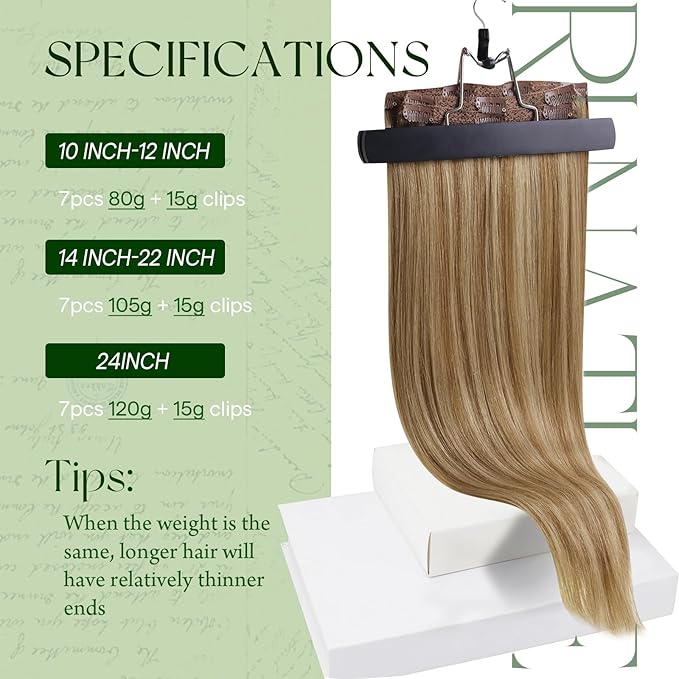 RUNATURE Clip in Hair Extensions Real Human Hair, Long Remy Hair Extensions Clip Ins for Women Full Head Thick Natural Hair 20 Inch 120g 7pcs #10P16 Dark Blonde Highlight Caramel Blonde