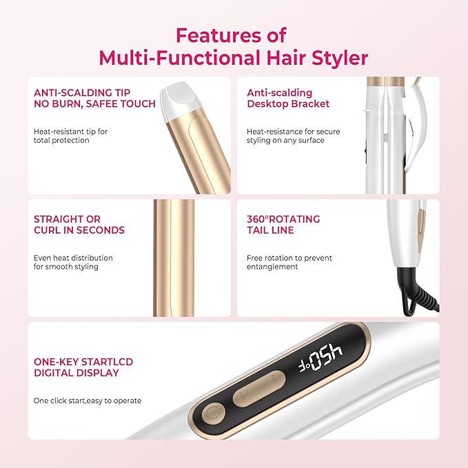 2 in 1 Curler and Straightener Travel Dual Voltage Curling Iron 1.25 Inch Normal Size Hair Curler Ceramic with EU/UK Plug Adapter for Travel Curling Wand Adjustable Temperature and Anti-Tangle