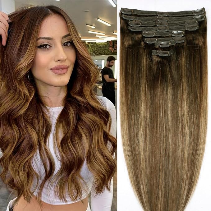 Straight Clip In Hair Extensions Real Human Hair 8Pcs Clip In Balayage Chocolate Brown to Caramel Blonde Human Hair Extensions with 18Clips Lace Weft 120g 16inch