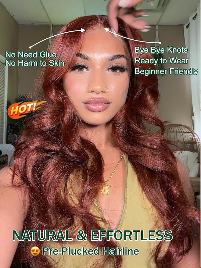 KLAIYI Bye Bye Knots Glueless Wig Reddish Brown Body Wave 7x5 Pre Cut HD Lace Front Wigs Human Hair Put On And Go Wig Pre Bleached Pre Plucked with Baby Hair 30S Ready To Wear 150% Density Full 16Inch