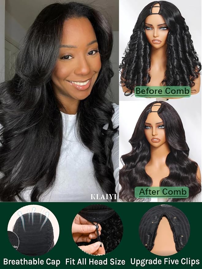 KLAIYI EasiContour V Part Wig Human Hair Body Wave Glueless Upgrade U Part Wig No Leave Out No Gel Clip in Half Wig V Shape Pull and Go Beginner Friendly Ready to Wear Natural Black Color 150% 22Inch