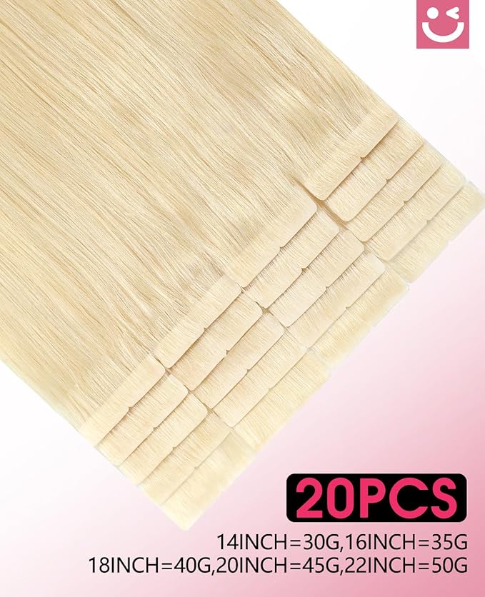 Youngsmile Injection Tape in Hair Extensions Human Hair #60 Platinum Blonde 20pcs 35g 16 Inch Injected Tape in Hair Extensions Real Human Hair (#60,16'')