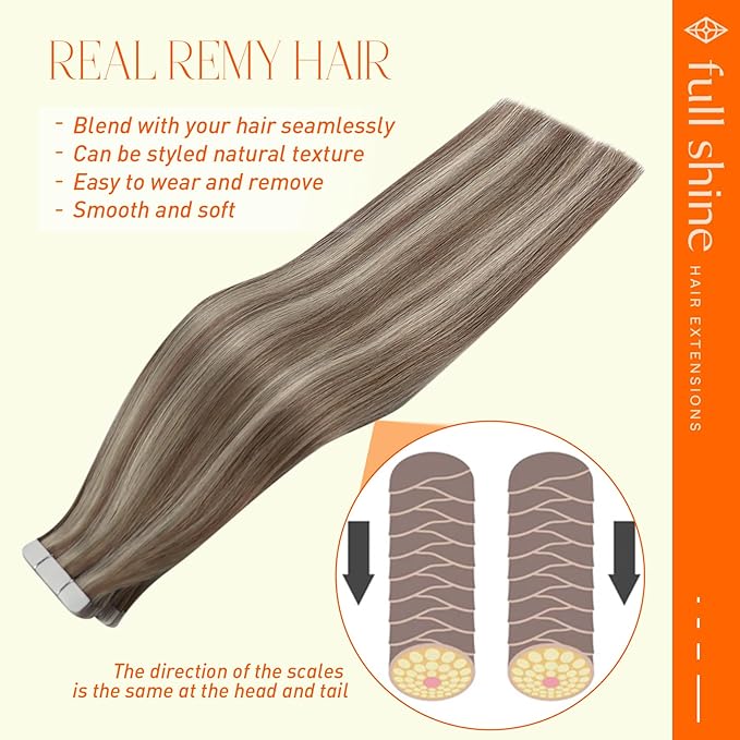 Full Shine Tape in Hair Extensions Human Hair 22Inch Real Hair Extensions Tape in Color 8P60 Ash Brown Highlight Blonde Invisible Tape in Human Hair Extensions Double Sided 50Gram 20Pcs for Wedding