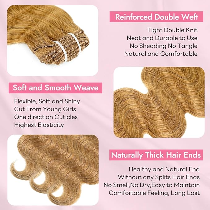 Clip in Hair Extensions Real Human Hair Body Wave 27 Honey Blonde Clip in 100% Brazilian Remy Human Hair Extensions 8pcs Per Set with 18 Clips Double Weft 22 Inch 110g/3.6oz