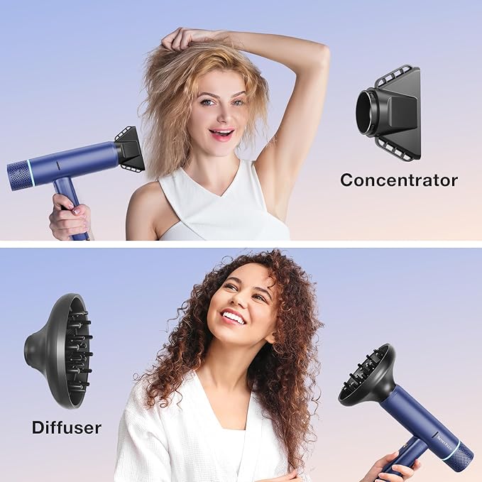 Ionic Hair Dryer with Diffuser and Concentrator, Professional Lightweight Quiet Blow Dryer, Powerful 1600 Watt Motor for Fast Drying and Straight & Wavy Hair, 3 Temps/2 Speeds, 6.56 Ft Cord, Blue