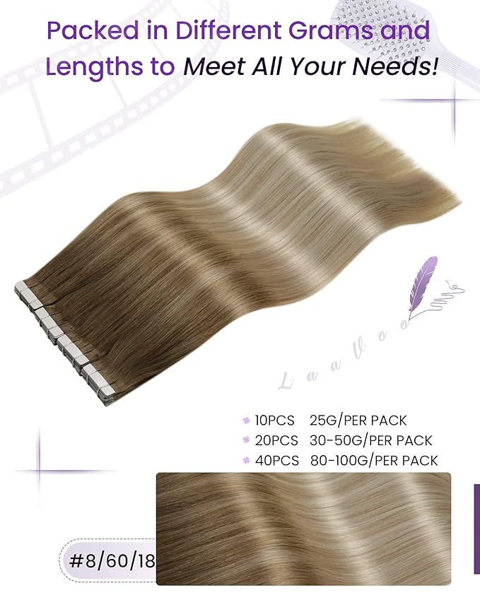 LaaVoo Tape in Hair Extensions Balayage Brown to Ash Blonde Mix Platinum Blonde Tape in Extensions Real Human Hair 100g 16 Inch 40pcs