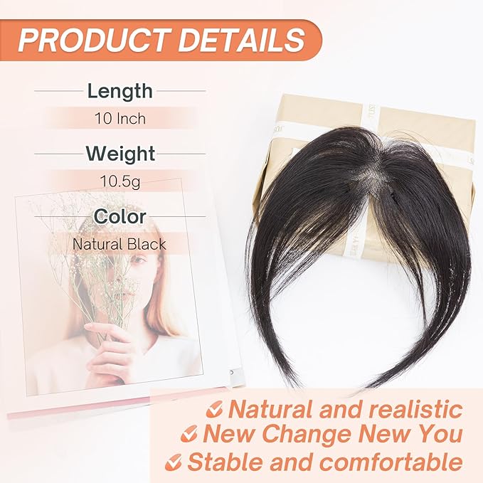 Benehair Clip on Bangs for Women Human Hair, Fake Bangs Clip Human hair, Middle Part Bangs Clip in Hair Extensions Hair Pieces with Temples for Daily Wear (Natural Black)