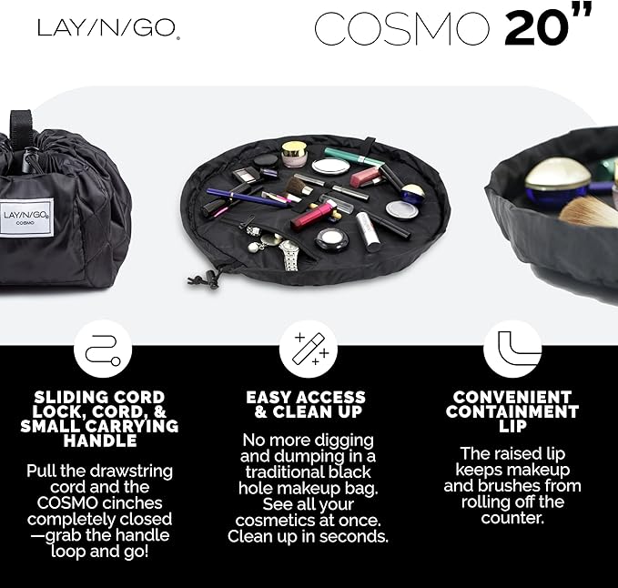 Lay-n-Go Cosmo Layflat Drawstring Cosmetic & Makeup Bag Organizer w/Zipper Pocket, Brush Loops & More, Cinch to Close, Lay Flat to Use, Durable, Machine Wash, Travel Toiletry Bag (20", Black/White)