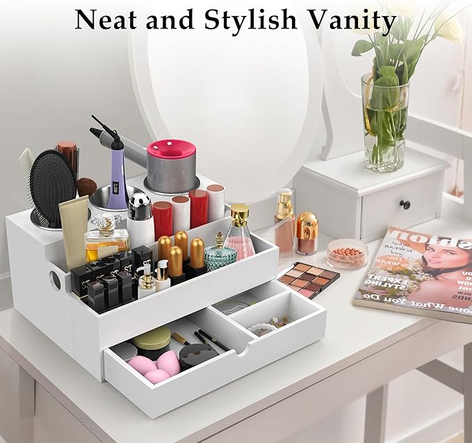 Hair Tool Organizer, Wood Hair Dryer Holder with Drawer & 3 Stainless Steel Cups, Versatile Bathroom Vanity Storage for Hair Styling Tools, Hot Tools, Brushes and Cosmetics - White