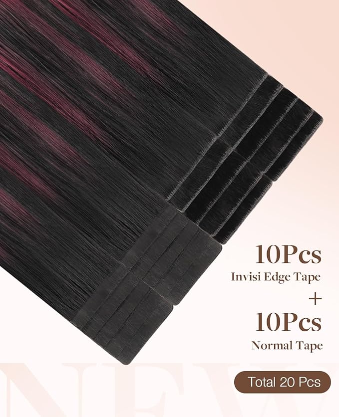 GOO GOO Invisi Edge Tape in Hair Extensions Human Hair, 1/99 Balayage Jet Black to Red 10pcs injected with 10pcs classical tape ins, 20inch 50g, Virgin Remy Hair, Natural Look