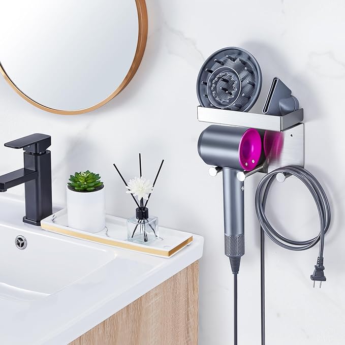 Hair Dryer Holder Wall Mounted, Stainless Steel Blow Dryer Holder for Attachments Storage, Hair Tool Organizer with Plug&Cord Hook, Adhesive Hairdryer Hanger for Bathroom, Silver
