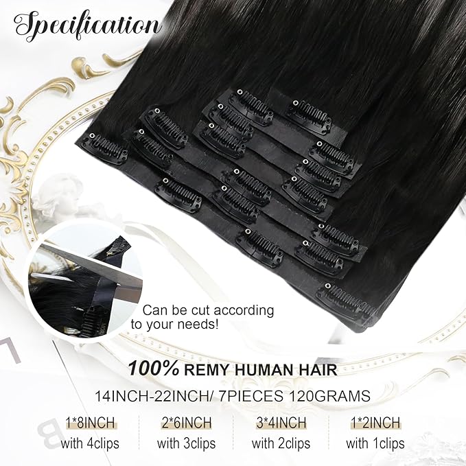 Moresoo Seamless Clip in Hair Extensions Human Hair Black And Grey Silver Ombre Human Hair Extensions Clip ins Long for Women Pure Weft Invisible 120g/7pcs 22 inch