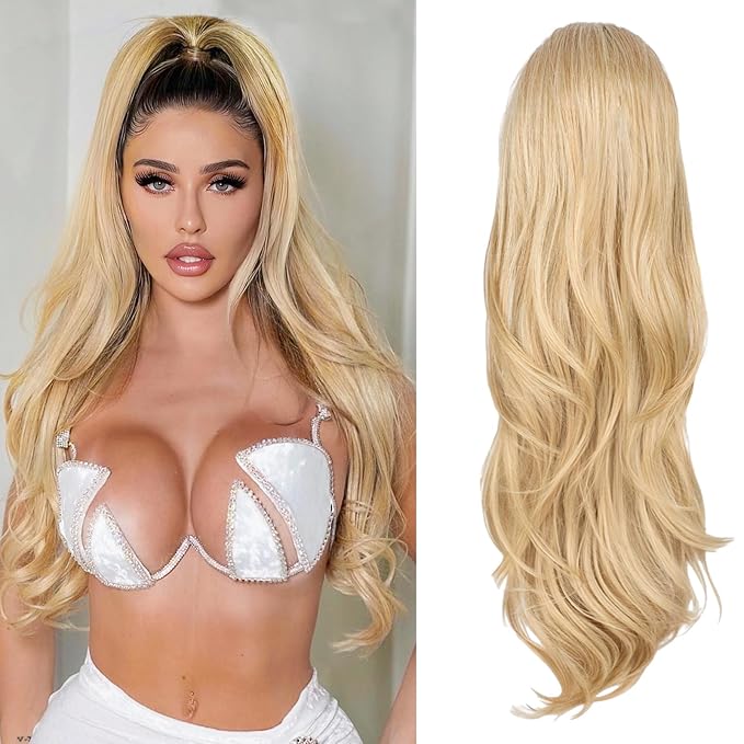 Blonde Ponytail Extension, 26 Inch Drawstring Ponytail Extension for Women Long Blonde Wavy Layered Pony Tails Hair Extensions Synthetic Clip in Ponytail Hairpiece for Women(27/613)