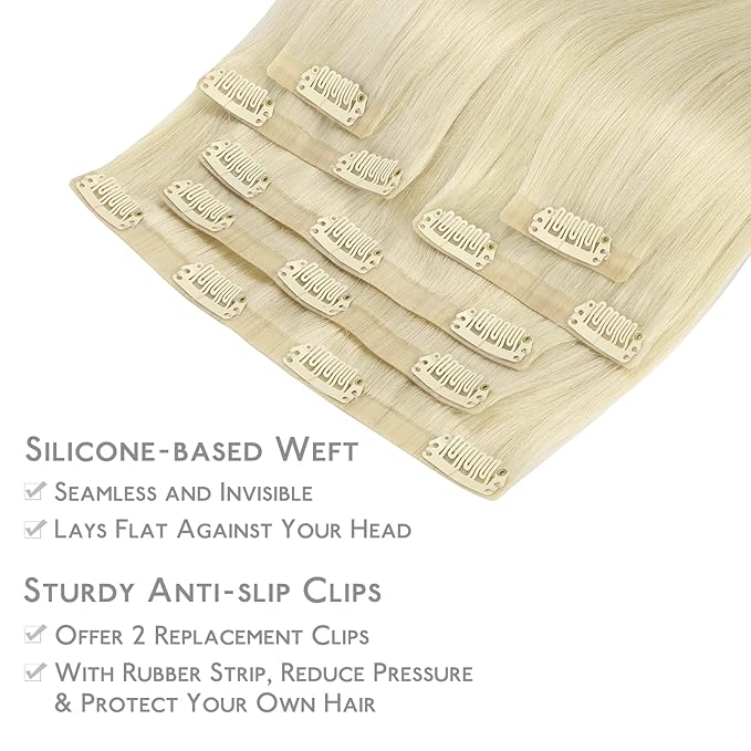 WENNALIFE Seamless Clip In Hair Extensions Human Hair, 16 Inch 130g 7pcs Bleach Blonde Real Hair Extensions Clip in Human Hair Invisible PU Skin Weft Natural Remy Human Hair Extensions
