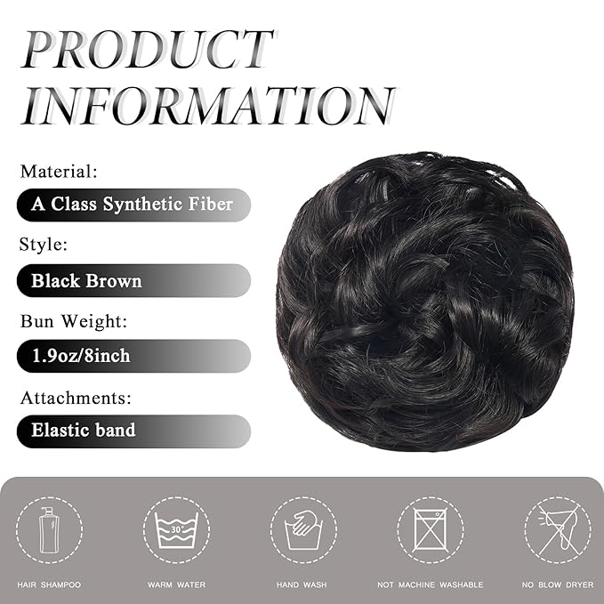 Large Messy Bun Hair Piece Curly Synthetic Extensions Scrunchies Fake Chignon Updo Hairpieces for Women Darkest Brown