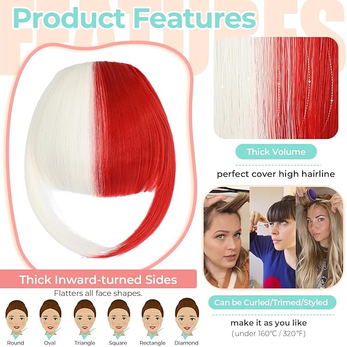 Clip in Bangs, Synthetic French Bangs Hair Clip, Fake Bangs Fringe with Temples Hairpieces for Women Natural Curved Hair Extensions for Daily Wear White mix Red