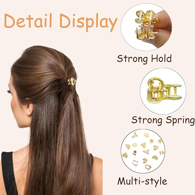 16Pcs Mini Hair Claw Clips, Gold Silver Small Metal Bangs Claw Clips Jaw Clamps for Long Thin Hair, Tiny Cute Flower Barrettes for Women(Gold)