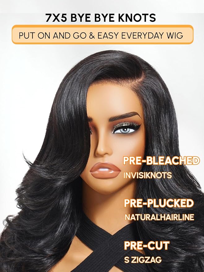 Julia Hair Bye Bye Slip Wig Feathered Layer Side Part Human Hair Wig 200% Density 7X5 Pre Cut Lace Closure Loose Body Wave Wigs Pre Everything Glueless with Secure Silicone Strips Drawstring 18 Inch
