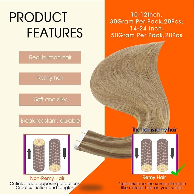 Full Shine Human Hair Tape in Extensions Color 10 Golden Brown Ombre 16 Golden Blonde Highlight 16 Blonde Seamless Invisible Tape in Hair Extensions Soft Skin Weft 16Inch 50Gram 20Pcs