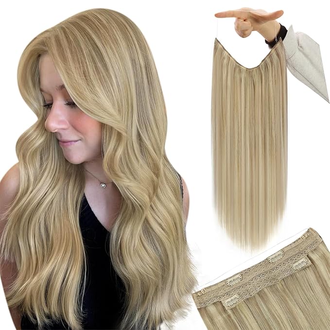 YoungSee Wire Hair Extensions Highlight Human Hair Wire Extensions Blonde Highlights Headband Hair Extensions Real Human Hair Golden Blonde with Light Blond Short Straight Hair 12Inch 70G