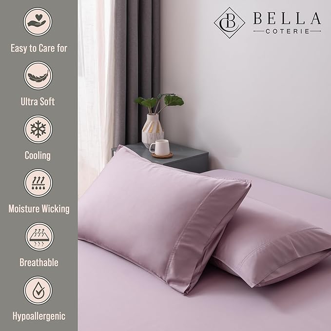 Bella Coterie | Luxury Bamboo King Size Pillowcase Set | 100% Organically Grown Bamboo Viscose | Ultra Soft | Cooling | 2 Pcs [Lilac]
