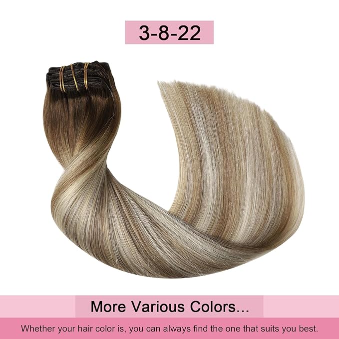 Pro2.0 Clip in Hair Extensions Real Human Hair 120g Thick 7pcs #3/8/22 Walnut Brown to Ash Brown and Golden Blonde Remy Real Human Hair Extensions Clip ins 14inch Double Weft（#3/8/22-14inch）
