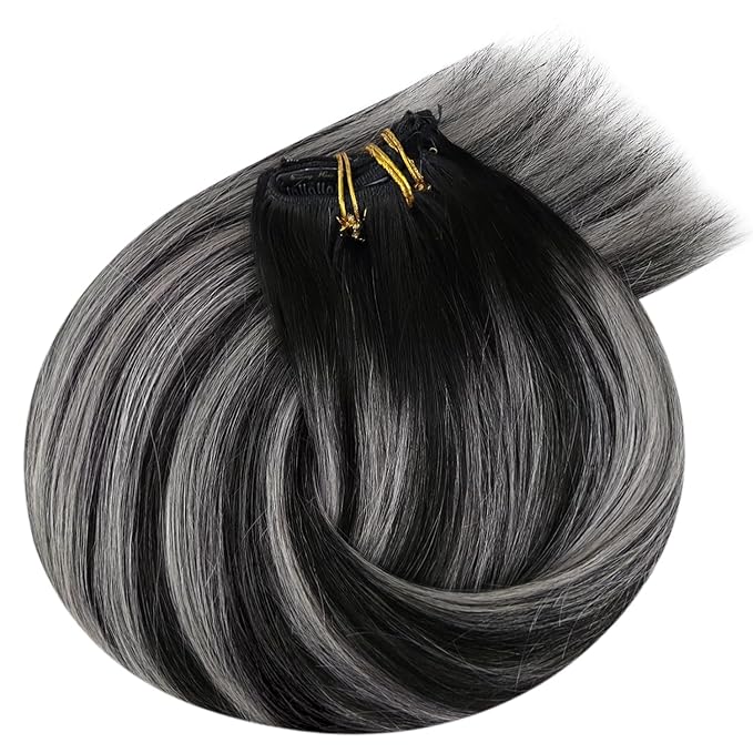 Ve Sunny Clip in Hair Extensions Real Human Hair Ombre Hair Clip in Extensions Ombre Black Roots to Grey Balayage Human Hair Extensions Clip ins Short Straight Remy Hair 80g 5pcs 12inch