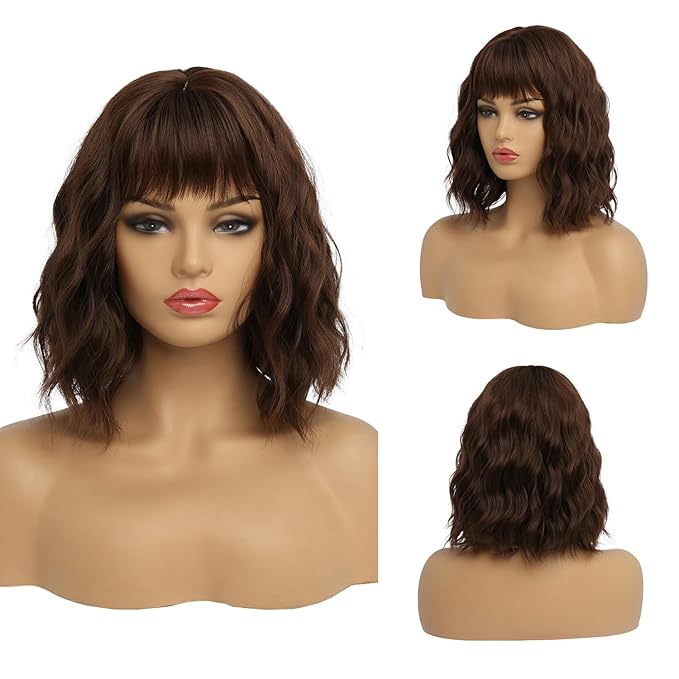 Short Chocolate Brown Wigs for Women Dark Brown Wavy Bob Wig with Bangs Medium Lenth Synthetic Natural Hair Wigs for Daily Party Use(14 Inch)