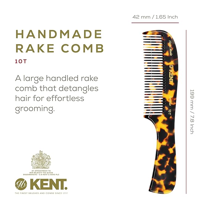 Kent 10T TY Large Detangler Comb, Handmade Wide Tooth Comb for Curly Thick Hair, Detangling Combs For Wet and Dry Hair, Saw-Cut and Hand Polished Made in England