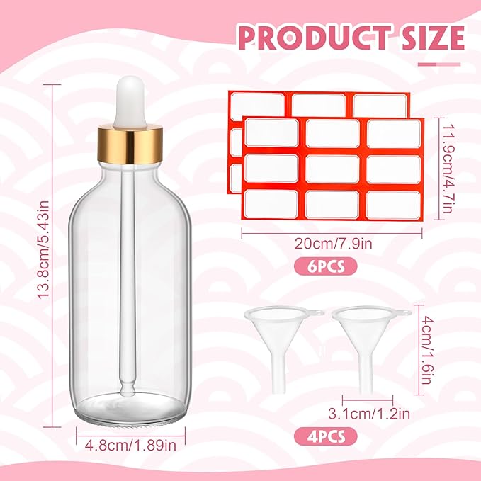 Dandat 50 Pack 4 oz Glass Dropper Bottles Leakproof 120 ml Glass Tincture Bottles with Eye Droppers, 4 Funnels, 54 Labels for Essential Oil Perfumes Hair Oil(Clear)