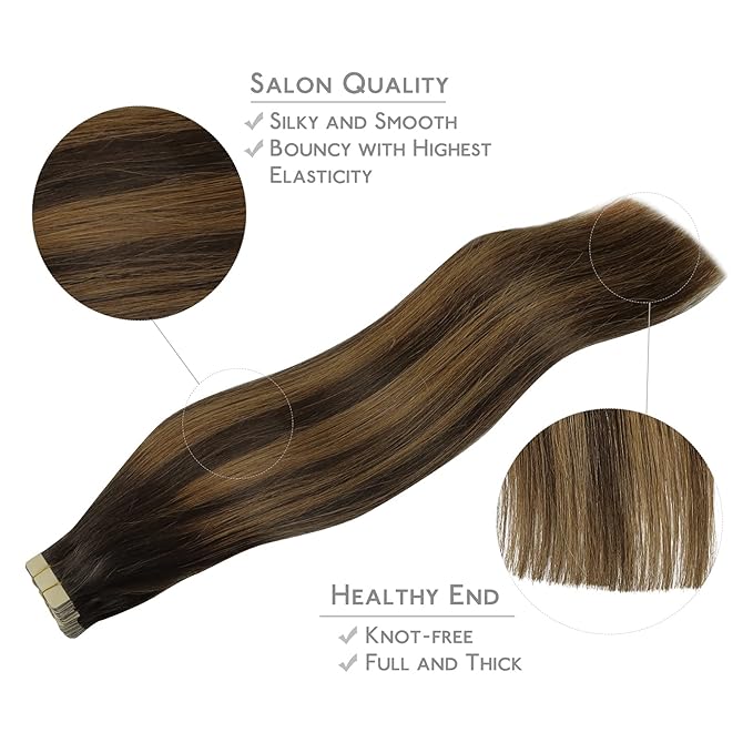 WENNALIFE Tape in Hair Extensions Human Hair, 20pcs 24 inch 50g Balayage Dark Brown Mixed Chestnut Brown Remy Tape Hair Extensions Real