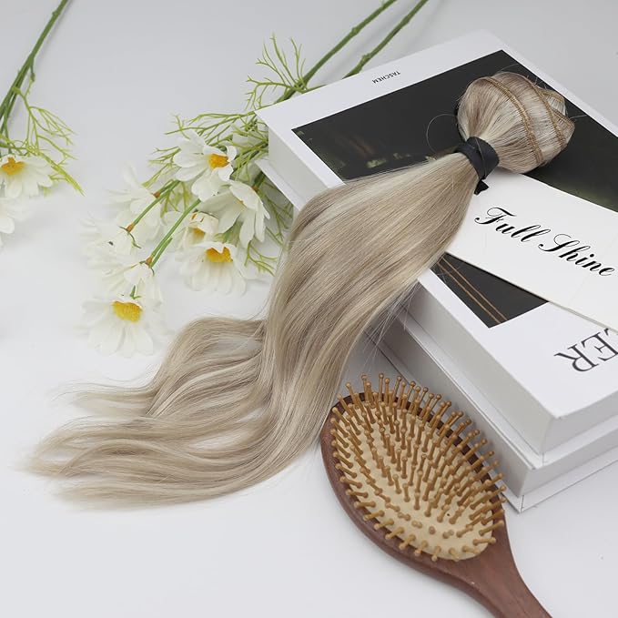 Full Shine Clip in Extensions for Women Lace Weft Golden Blond Highlighted Blonde Human Hair Clip in Extensions Straight Hair Clip ins Longevity 14 Inch 3 PCS 60 Grams