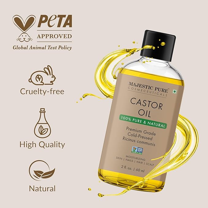 Majestic Pure Castor Oil - 100% Pure & Natural - Premium Grade, Cold Pressed, Hexane Free - Hair, Eyelashes, Eyebrows, Nails - Moisturizing & Nourishing - 2 Fl Oz