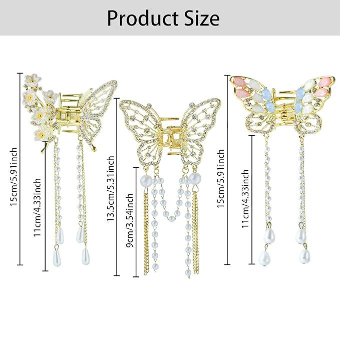 3PCS Butterfly Hair Claw Clip With Pearl and Rhinestone Tassel, Metal Small Hair Clips, Cute Hair Styling Accessories for Women and Girls, Gold
