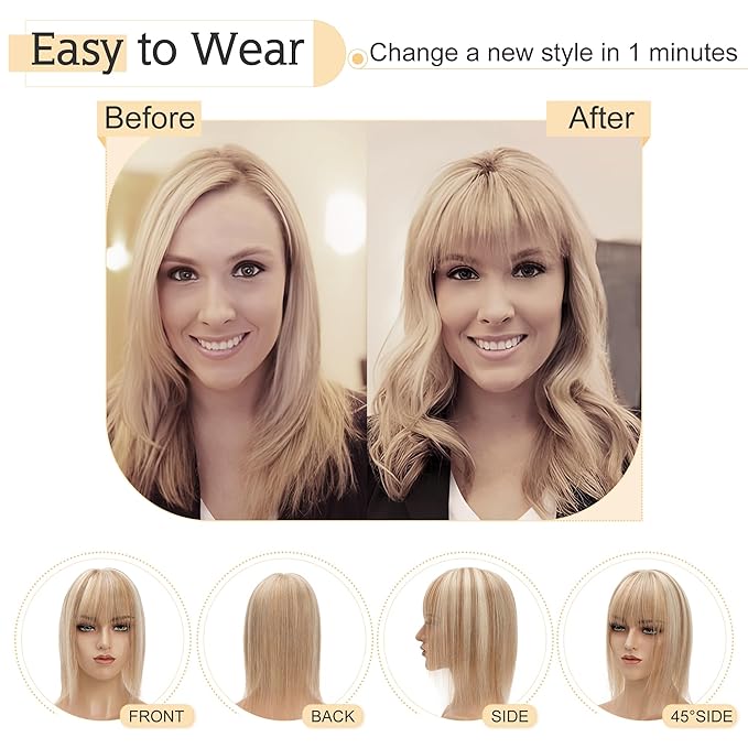 SEGO Hair Toppers for Women Real Human Hair With Bangs, 7 * 13CM Silk Base 100% Remy Human Hair Clip in Top Wiglet Hairpieces Add Volume -16 Inch Golden Brown&Bleach Blonde