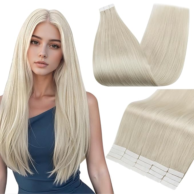 Full Shine Human Hair Extensions Tape in 24 Inch Color 1000A Blonde Invisible Straight Double Sided Tape in Hair Extensions 50 Grams Natural Seamless Skin Weft Remy Extensions 20PCS Add Length