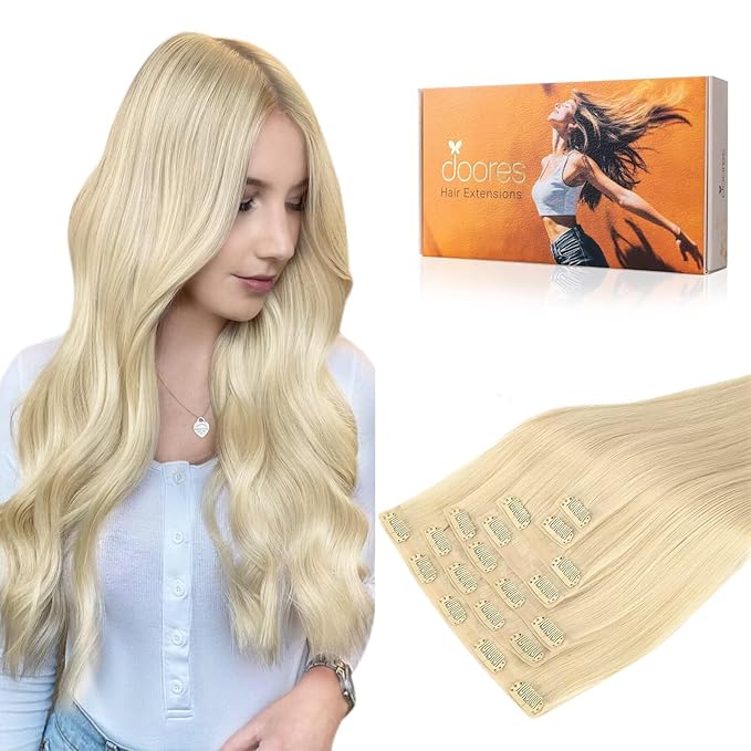 DOORES Seamless Clip in Hair Extensions, Bleach Blonde 130g 7pcs 18 Inch, Human Hair Extensions Remy Hair Clip ins Extensions Seamless Thick Straight Hair Thin Weft Invisi Edge Hair Extensions