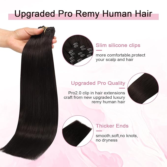 Pro2.0 Clip in Hair Extensions Real Human Hair 120g Thick 7pcs Color #2 Dark Brown Remy Real Human Hair Extensions Clip ins 14inch Seamless Double Weft for Women（#2-14inch）