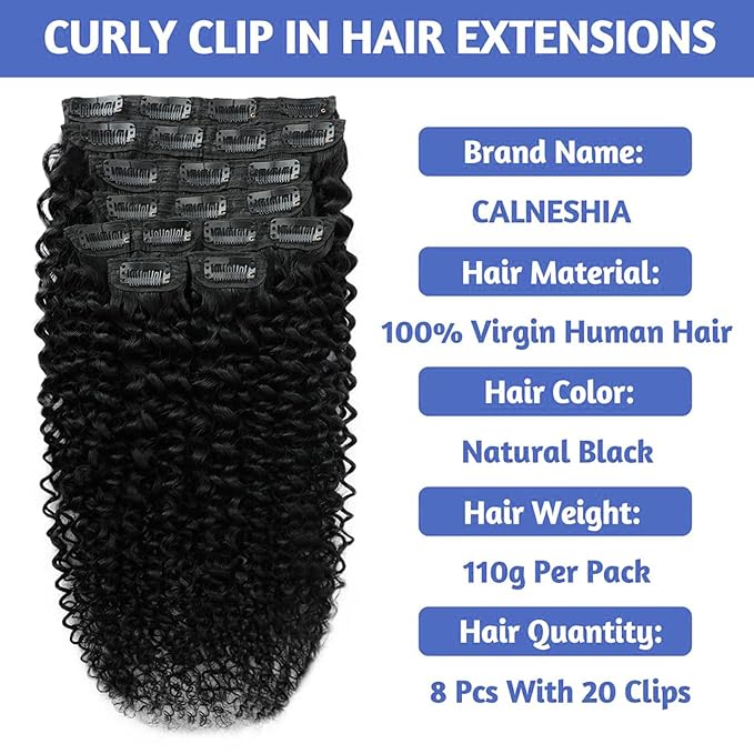 Curly Clip In Hair Extensions Human Hair 24 Inch 3C 4A 110g 8pcs Kinky Curly Clip Ins Full Head for Women Brazilian Remy Human Hair Extensions Natural Color with 20 Clips