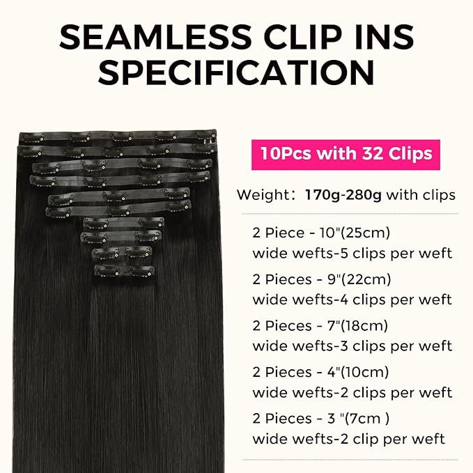 Lashey Seamless Clip in Hair Extensions Real Human Hair with Invisi Edge 24 Inch 260g Thick Hair 10pcs Natural Black Straight Seamless Clip ins