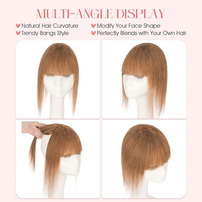 Hairro Mono Hair Toppers with Bangs, 3.4" x 3.4" Mono Base 100% Real Human Hairpieces for Women, 150% Density Clips In Topper for Greyish Thinning Hair, 18 Inch Blondish Brown