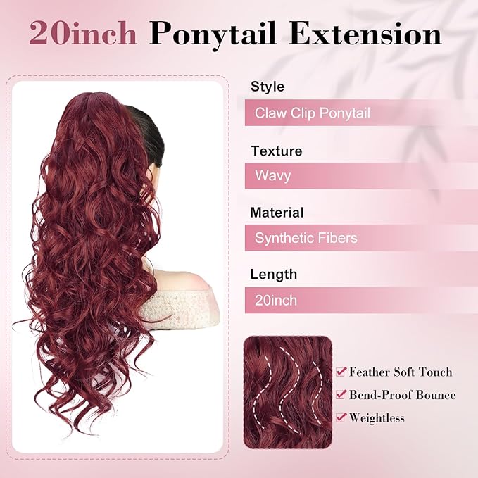 QGZ 20" Wavy Ponytail Extension, Claw Clip Ponytail Hair Extension, Natural Synthetic Hairpiece for Women Daily Use(Burgundy)