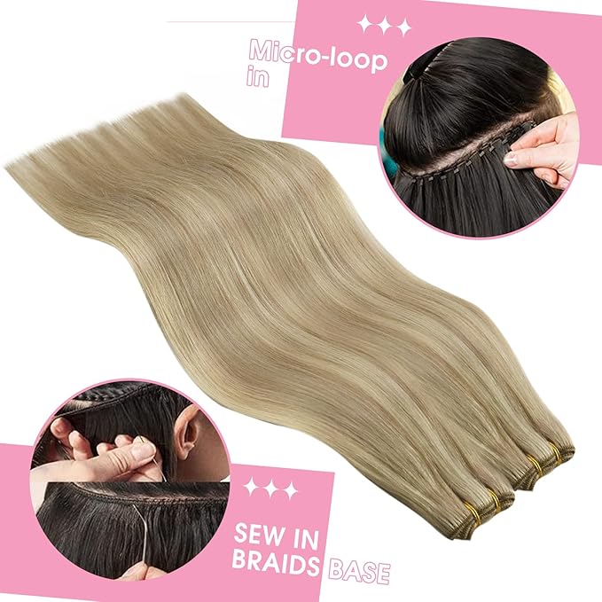 YoungSee 24Inch Weft Hair Extensions Human Hair Blonde Highlight Sew in Hair Extensions Golden Blonde Highlighted Dark Ash Blonde Smooth Double Weft Human Hair Extensions 100G