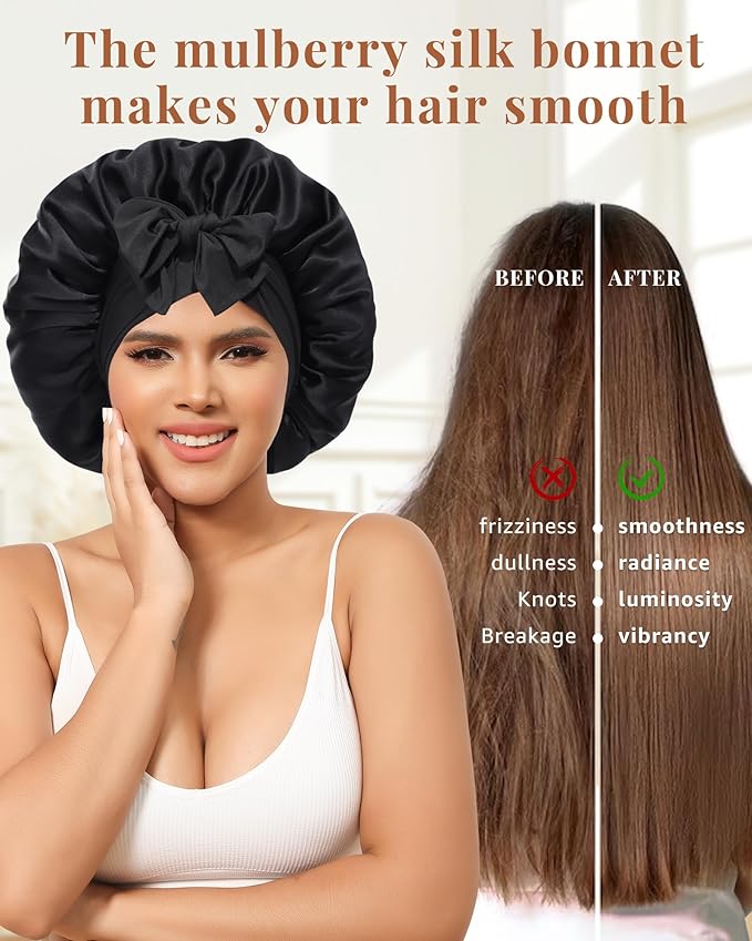 AWAYTR Silk Bonnet for Sleeping Women 100% Mulberry Silk Bonnet with Band 2 Layer Reversible Hair Bonnet Sleeping Hair Wrap (Leopard/Black)
