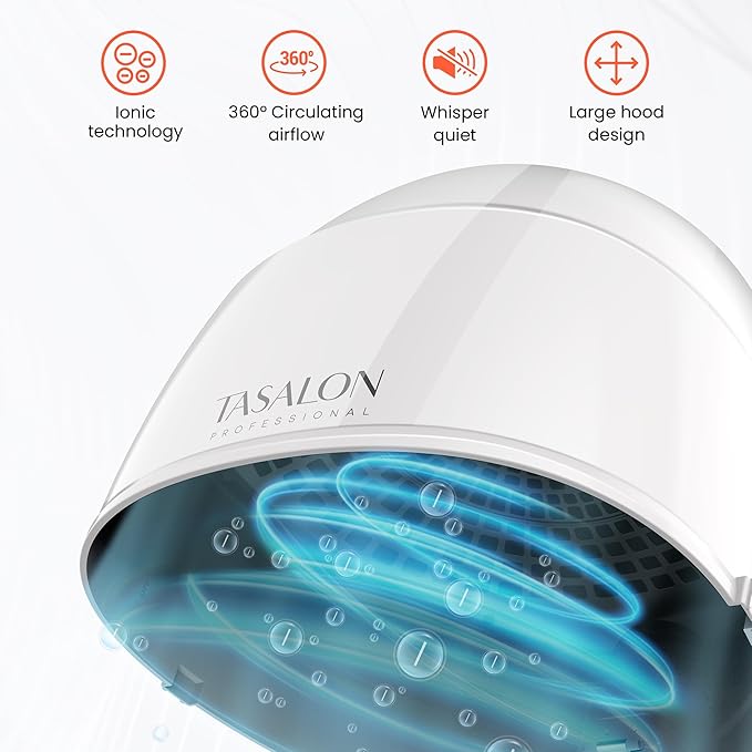 TASALON Ionic Hooded Dryer - 1875W Bonnet Dryer, 3 Heating Settings, Sit Under for Home and Salon, Portable Hair Dryer with Hood, Height Adjustable Hooded Hair Dryer- White