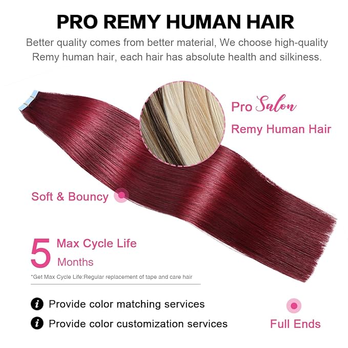 SUYYA Tape in Hair Extensions Burgundy 100% Real Remy Human Hair 16 inches 20pcs 40g/pack Straight Seamless Skin Weft Tape Human Hair Extensions(16 inches #Burgundy)
